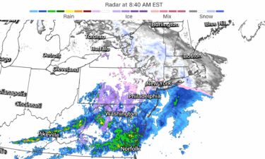 Weather radar shows a wide-reaching storm bringing snow