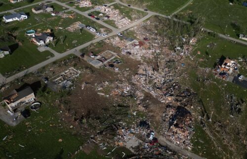 A drone view shows the aftermath of an EF3 tornado in St. Louis