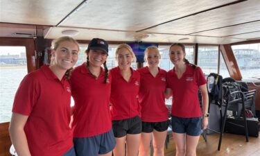 College and high school students try their feet at jumping off the S.S. Walworth onto piers to deliver the mail. Only a handful of mailboat jumpers will be hired as the seasonal letter carriers for Lake Geneva.